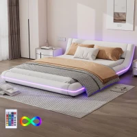 Letto a terra 140×200 cm con illuminazione ambientale a LED, senza materasso, Bianco(m-1)