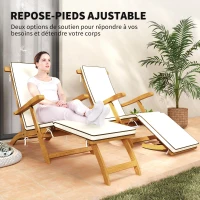 Outsunny Chaise longue pliante bain de soleil avec coussin en bois d'acacia, repose-pieds, 160 kg 155 x 54 x 86 cm blanc(m-5)