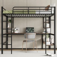 Lit mezzanine 140x200 cm en métal avec bureau et étagères, pour enfants et adultes, sans matelas, Noir(m-4)