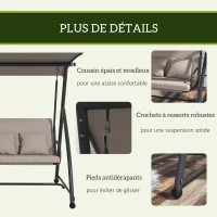 Outsunny Balancelle de jardin 3 places convertible toit inclinaison réglable coussin, oreillers 218 x 120 x 168 cm marron clair(m-5)