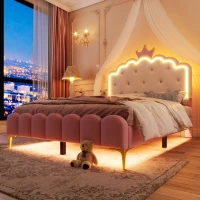 Lit rembourré 140x200 cm avec sommier à lattes, éclairage d'ambiance et forme de princesse, sans matelas, Rose(m-4)