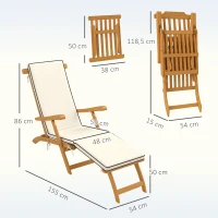 Outsunny Chaise longue pliante bain de soleil avec coussin en bois d'acacia, repose-pieds, 160 kg 155 x 54 x 86 cm blanc(m-3)