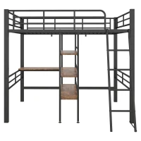 Lit mezzanine avec bureau, étagères, garde-corps et échelle en métal, 90×200 cm, sans matelas, Noir(m-2)