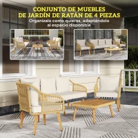 Outsunny Conjunto de Muebles de Exterior de 4 Piezas con Sofá Sillones y Mesa de Acacia con Cojines Gruesos y Ratán PE Natural(m-4)