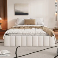 Letto imbottito con rete a doghe 140x200 cm, design minimalista, senza testiera, 4 cassetti contenitori, senza materasso, Beige(m-4)