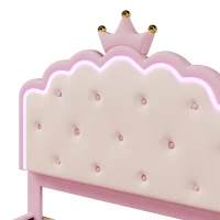 Lit rembourré 140x200 cm avec sommier à lattes, éclairage d'ambiance et forme de princesse, sans matelas, Rose(m-6)