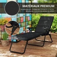 Outsunny Bain de soleil pliable transat inclinable 6 positions avec matelas + accoudoirs acier polyester 153 x 58,5 x 89 cm noir(m-7)