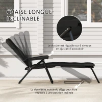 Outsunny Bain de soleil pliable transat inclinable 6 positions avec matelas + accoudoirs acier polyester 153 x 58,5 x 89 cm noir(m-4)