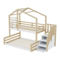 Lit superposé en bois avec design de fenêtre 90×200 cm, avec escalier avec rangement,sans matelas, Naturel(m-11)