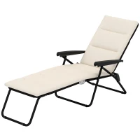 Outsunny Bain de soleil pliable transat inclinable 6 positions avec matelas + accoudoirs acier polyester 153 x 58,5 x 89 cm crème(m-1)