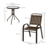 Outsunny Conjunto de Jardim de 3 Peças com 2 Cadeiras Empilháveis Mesa com Bancada de Vidro Temperado Marrom Escuro(m-3)