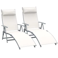 Outsunny Set de 2 Tumbonas de Jardín Plegables con Respaldo Ajustable Almohada y Reposabrazos 137x63,5x100,5 cm Beige(m-1)