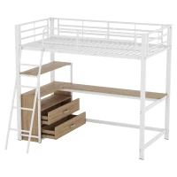 Letto a soppalco con struttura in ferro 90×200 cm, con scrivania a forma di L e cassetti, senza materasso, Bianco(m-6)