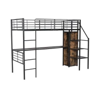 Letto a soppalco 90×200 cm, con scrivania e armadio aperto, senza materasso, Nero(m-2)