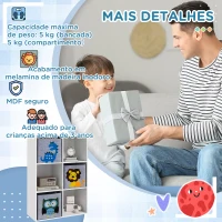 ZONEKIZ Estante para Brinquedos com 6 Compartimentos e 3 Caixas de Tecido não Tecido e Desenho de Animais 61,8x29,9x91,5 cm Branco e Cinza(m-7)