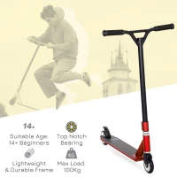 HOMCOM Stunt Scooter, 360° Entry Level Tricks Scooter w/ Lightweight Aluminium Deck and ABEC 7 Bearing, For Age 14+ Beginners, Red(m-4)