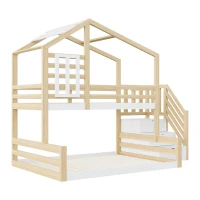 Lit superposé en bois avec design de fenêtre 90×200 cm, avec escalier avec rangement,sans matelas, Naturel(m-10)
