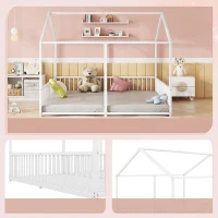 Letto per bambini 4+ anni in metallo 90×200 cm, forma di casa, con sponda di sicurezza, senza materasso, Bianco(m-6)