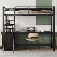 Letto a soppalco con struttura in ferro 90×200 cm, con scrivania a forma di L e cassetti, senza materasso, Nero(m-4)