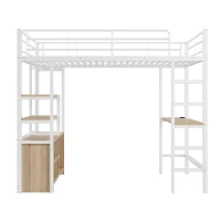 Lit mezzanine avec bureau 90×200 cm, armoire de rangement ouverte, avec garde-corps & échelle, sans matelas, Blanc(m-9)