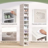 HOMCOM Lot de 10 boîtes à chaussures pliables en plastique empilables avec couvercles, pour pointure jusqu'à 43, blanc(m-5)