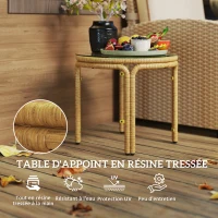 Outsunny Table d'appoint en résine tressée ronde, table basse de jardin avec plaque verre, facile à nettoyer Ø 50 x 44 cm, jaune(m-4)