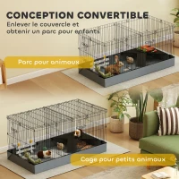 PawHut Cage pour petits animaux 2 en 1 avec dessus amovible enclos lapin 2 zones séparées rampe 121 x 61 x 61 cm en acier noir(m-4)