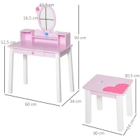 HOMCOM Toucador Infantil com Banco e Espelho Mesa de Maquilhagem Infantil Estilo Princesa de Madeira 59x39x92cm Rosa(m-3)