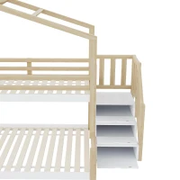 Lit superposé en bois avec design de fenêtre 90×200 cm, avec escalier avec rangement,sans matelas, Naturel(m-9)