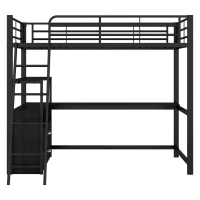 Letto a soppalco con struttura in ferro 90×200 cm, con scrivania a forma di L e cassetti, senza materasso, Nero(m-2)