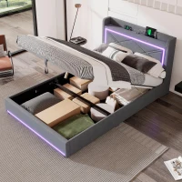 Lit plat 140×200 cm avec dispositif de levage hydraulique，grand espace de rangement, sans matelas, Gris(m-1)