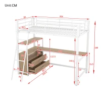 Letto a soppalco con struttura in ferro 90×200 cm, con scrivania a forma di L e cassetti, senza materasso, Bianco(m-3)