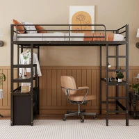 Lit mezzanine avec bureau 90×200 cm, armoire de rangement ouverte, avec garde-corps & échelle, sans matelas, Noir(m-4)
