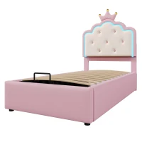 Lit rembourré 90x200 cm avec sommier à lattes, forme de princesse héritière, espace de rangement hydraulique,sans matelas, Rose(m-10)