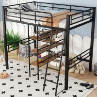 Lit mezzanine avec bureau, étagères, garde-corps et échelle en métal, 90×200 cm, sans matelas, Noir(m-5)