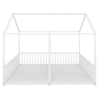 Cama infantil de metal 90×200 cm, diseño doble con modelado en forma de casa y barandilla de seguridad, sin colchón, Blanco