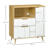 HOMCOM Meuble de rangement cuisine pour micro-ondes, 1 tiroir, 2 placards une étagère, 90 x 40 x 98,5 cm, bois et blanc(m-3)