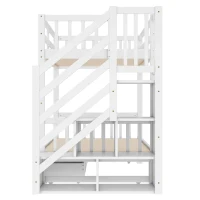 Lit superposé 90x200 cm avec lit gigogne, marches de rangement et deux tiroirs, sans matelas, Blanc(m-6)