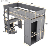 Lit mezzanine 90x200 cm pour enfants, avec armoire, bureau et tiroirs, sans matelas, Gris(m-3)