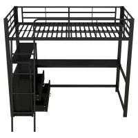 Letto a soppalco con struttura in ferro 90×200 cm, con scrivania a forma di L e cassetti, senza materasso, Nero(m-7)