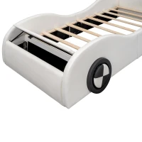 Lit rembourré design voiture 90x200 cm, lit pour enfants avec roues lumineuses et espace de rangement, sans matelas, Blanc(m-8)