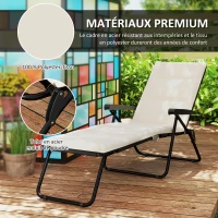 Outsunny Bain de soleil pliable transat inclinable 6 positions avec matelas + accoudoirs acier polyester 153 x 58,5 x 89 cm crème(m-7)