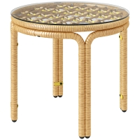 Outsunny Table d'appoint en résine tressée ronde, table basse de jardin avec plaque verre, facile à nettoyer Ø 50 x 44 cm, jaune