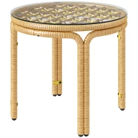 Outsunny Table d'appoint en résine tressée ronde, table basse de jardin avec plaque verre, facile à nettoyer Ø 50 x 44 cm, jaune(m-1)