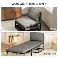 HOMCOM Fauteuil convertible 1 place 2 en 1 pliant avec coussin et housse anti-poussière, pour invités, salon, bureau, gris(m-4)