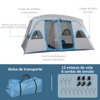 Outsunny Tenda de Campismo Familiar para 4-5 Pessoas com 2 Quartos 2 Bolsos e Janelas com Malha Impermeável 400x275x210 cm Cinza(m-8)
