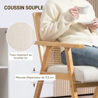 HOMCOM Fauteuil de salon en bois, chaise cannage avec dossier en rotin et coussin rembourré et accoudoirs, bois naturel(m-5)