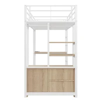 Lit mezzanine avec bureau 90×200 cm, armoire de rangement ouverte, avec garde-corps & échelle, sans matelas, Blanc(m-11)