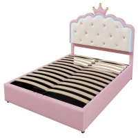 Lit rembourré 140 x 200 cm avec sommier à lattes, forme de couronne, espace de rangement hydraulique, sans matelas, Rose(m-10)