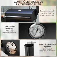 Outsunny Barbecue au charbon de bois chariot de BBQ, avec étagères, roulettes, couvercle, thermomètre, cheminée, en métal noir(m-5)